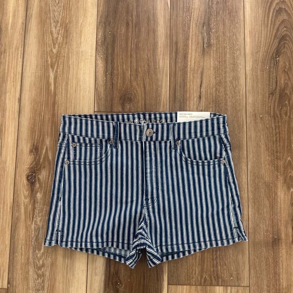 American Eagle Outfitters Navy and White Striped Denim Shorts